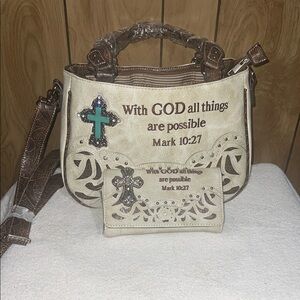 Faith-Inspired Cream & Brown Satchel with Matching Wallet